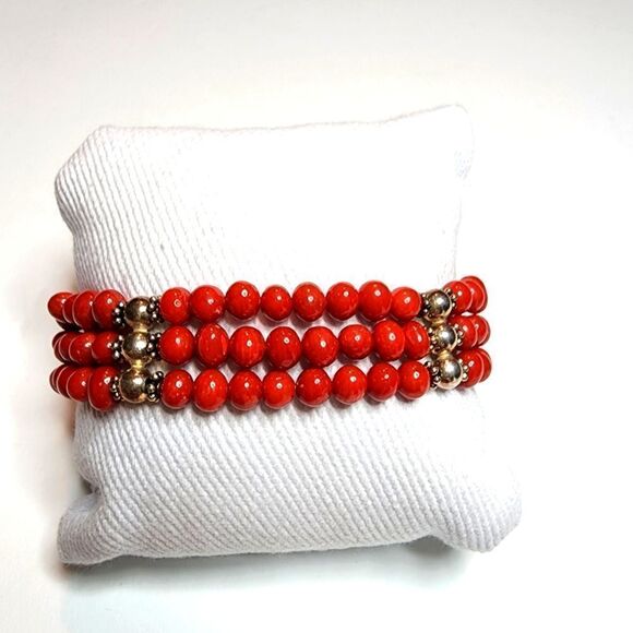 Ruby Lane Signed M.G. Sterling Silver Red Coral Bead Bracelet 3 Rows - Picture 1 of 10